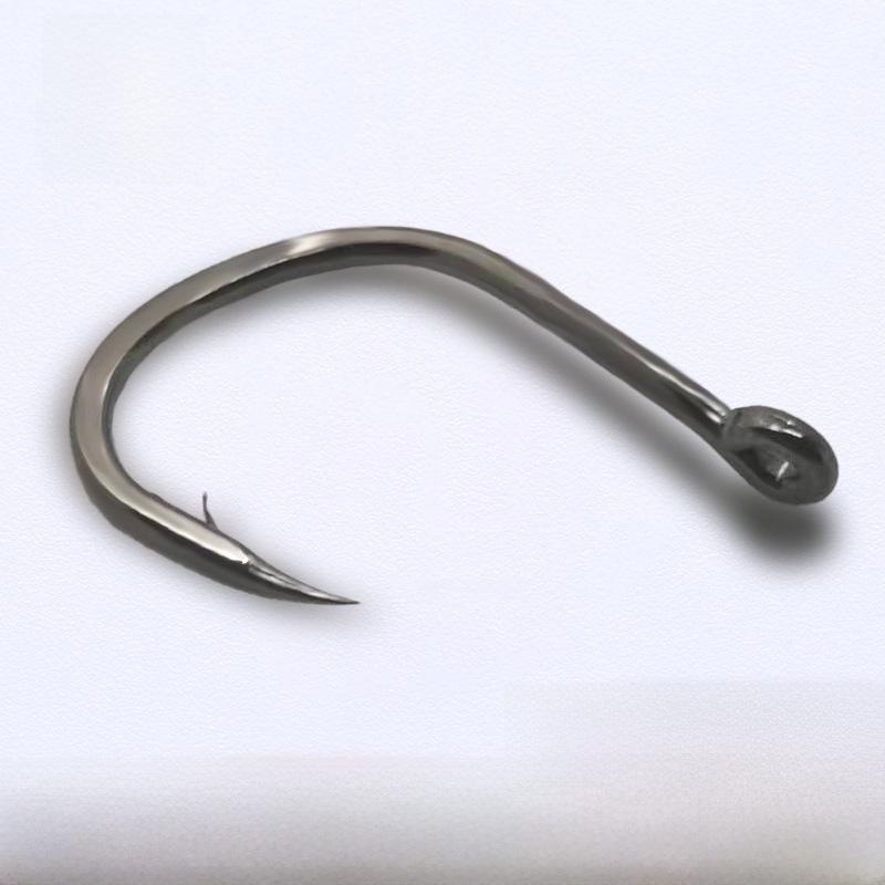 Ise-ni Hardened Tube-Shank Fish Hook, Black Nickel, Barbed, Offset, with Eyelet and Ring.