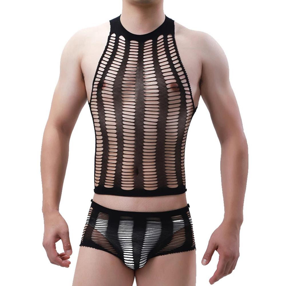 Bodysuit Men Transparent Sexy Man Lingerie Mesh Sensual See Through Black Tights Fitness Sissy Crotchless Erotic Gay Bodyuit Set