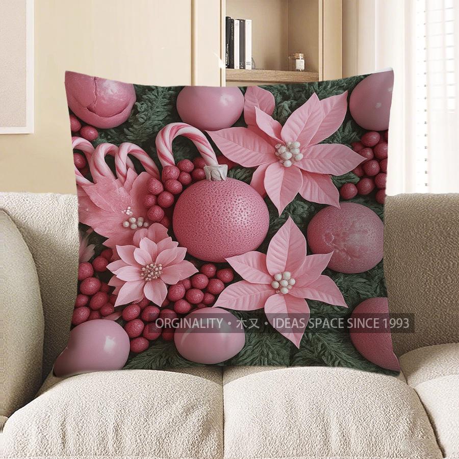 Home Decor Pink Poinsettia Christmas Tree Pattern Pillow Pattern Cushion Cover Suitable For Sofa Bedroom Car Pillow Cover