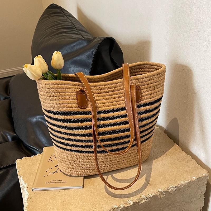 Large Capacity Straw Woven Shoulder Bags for Women Beach Vacati Ladies Handbags Casual Striped Commuter Female Bucket Tote