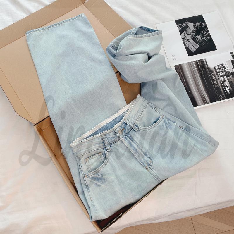 Korean Style Elegant Pearl Waist Rhinestone Light Jeans - Women s High Waist Straight Slimming Wide Leg Pants Small