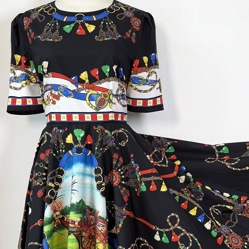 Marka Fashioni Letnia Vintage Sukienka Midi Damska Krótki Rękaw Okrągły Dekolt Empire Kwiatowy Wzór Długa Sukienka na Plażę Imprezę Wieczorową