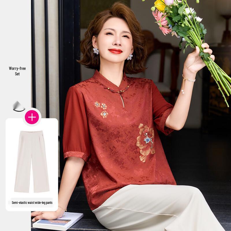 Pasite Chinese Style Disc Button Print Seven-Sleeve Top & Pants Set for Women 4XL