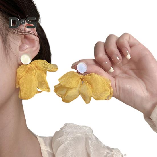 

Женские сетчатые серьги-подвески в виде лепестков, большие шифоновые цветочные серьги-подвески ручной работы, винтажные серьги-гвоздики для свадьбы в отпуске жёлтый