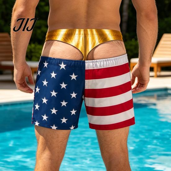 Vicces Férfi Strandnadrág Szőrös Nagy Fenekű Nadrág, USA Zászló Mintás Fürdőnadrág, Arany Színű Állítható Zsinóros Alsó Design, Nyári Medencés Partikra Nyaraláshoz