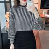 Korean Zigzag Striped Shirt Spring Autumn Commute Stand Collar Gauze Spliced Female Clothing Fashion Hollow Out Straight Blouse