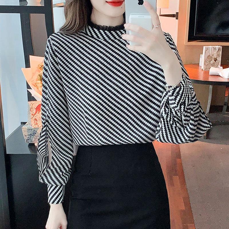 Cămașă Coreeană cu Dungi în Zigzag Primăvară Toamnă Navetă Guler Înalt Gaze Împletite Îmbrăcăminte Femei Modă Decupată Bluză Dreaptă
