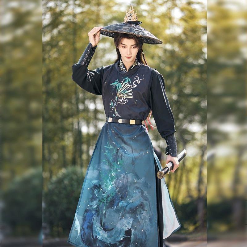 Chinese Song Dynasty Style Hanfu For Men And Women Round Neck Robe, Daily Black And Red, Couple Suit