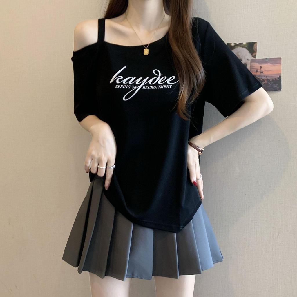 2025 Spring/Summer Plus Size Off-Shoulder Letter Print T-shirt - Women's Trendy Loose Slimming Fashion