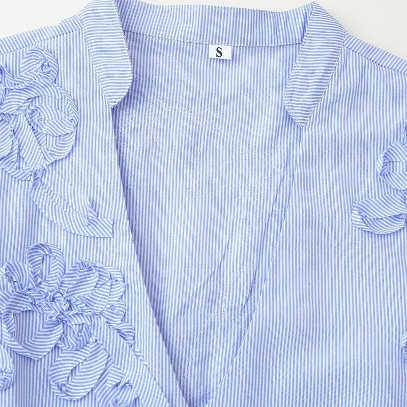 Kaslead New Women Clothes Western Style Texture Stripe Plate Flower Poplin Shirts 0387070