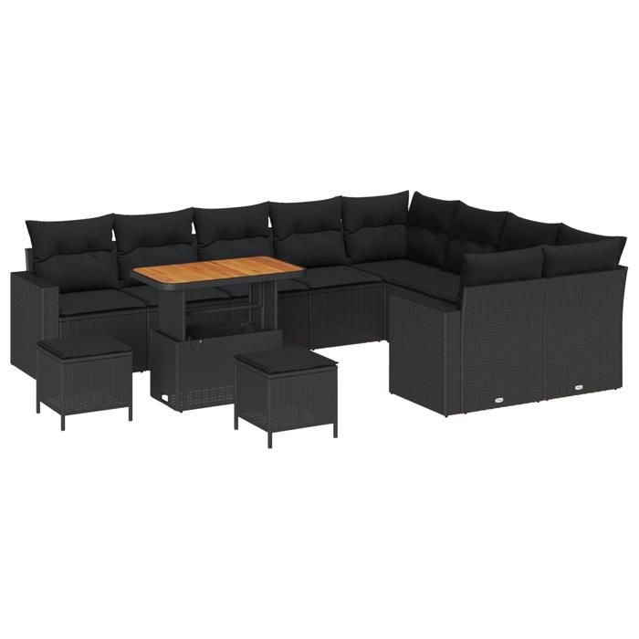 Ensemble de canapé de jardin de 12 pièces avec coussins en rotin poly noir acacia 3363604