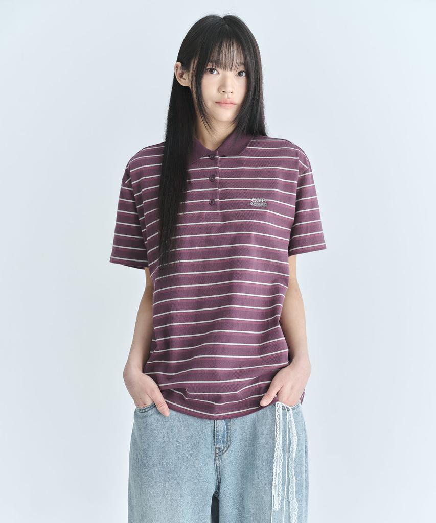 CGP (Women'S) Oversized Striped Short Sleeve Collared T-Shirt - Purple
