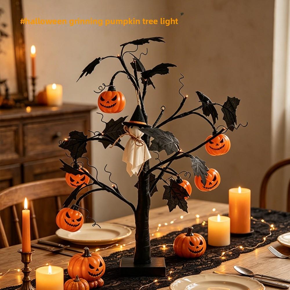1Pcs 60cm Halloween LED Table Tree Light Black Spooky Tree Lamp Pumpkin Eyeball Ornament for Indoor Party Bedroom Tabletop Decor