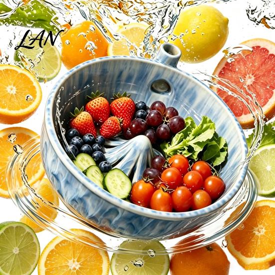 Sanfter Wirbel-Obstwäscher Keramik-Beerenwirbel-Waschschale, Selbstrotierender Gemüsereiniger mit Effizientem Erdbeer-Reinigungswerkzeug Abflusslöcher, 360
