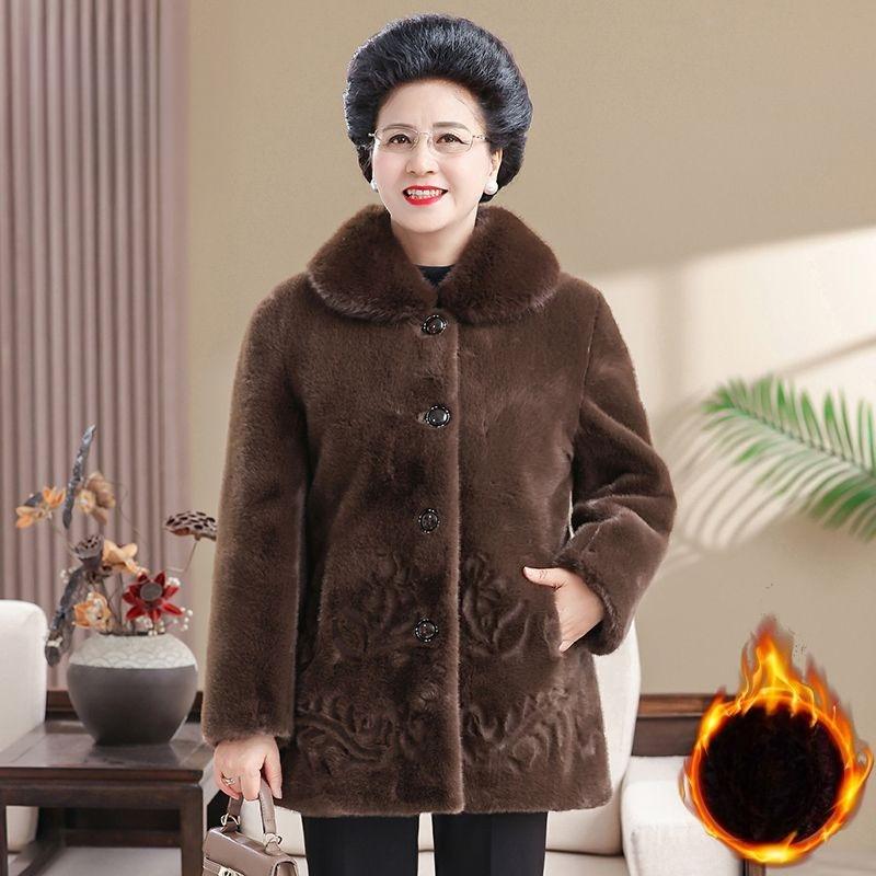 

Толстое Теплое Зимнее Пальто для Пожилых Женщин Роскошная Куртка на Меху Модная Одежда для Пожилых Леди 6XL хаки