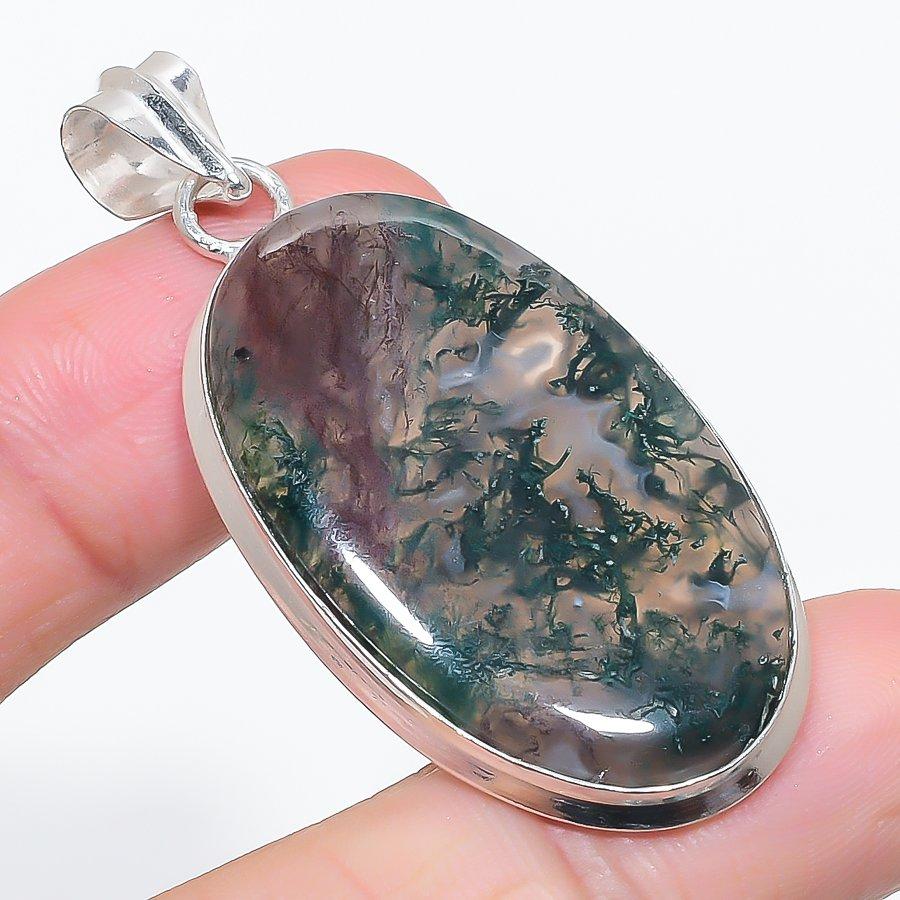 Natural Indian Moss Agate 925 Sterling Silver Jewelry Pendant 2.25" D1W15