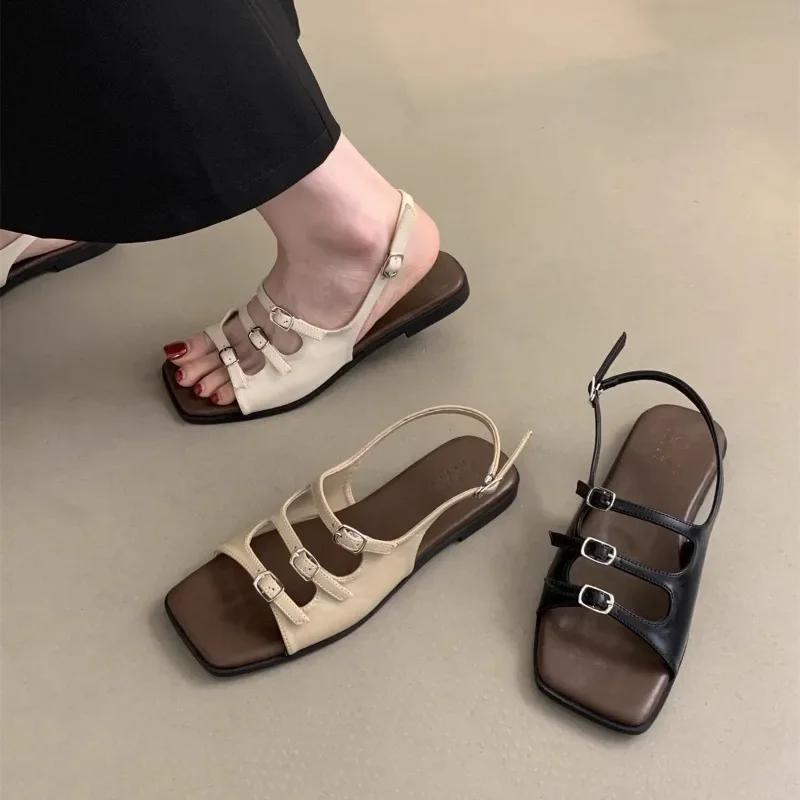 Women's Sandals Summer 2024 Retro French Flat Back Strap Roman Shoes Square Toe Belt Buckle Flat Sandalias Femininas
