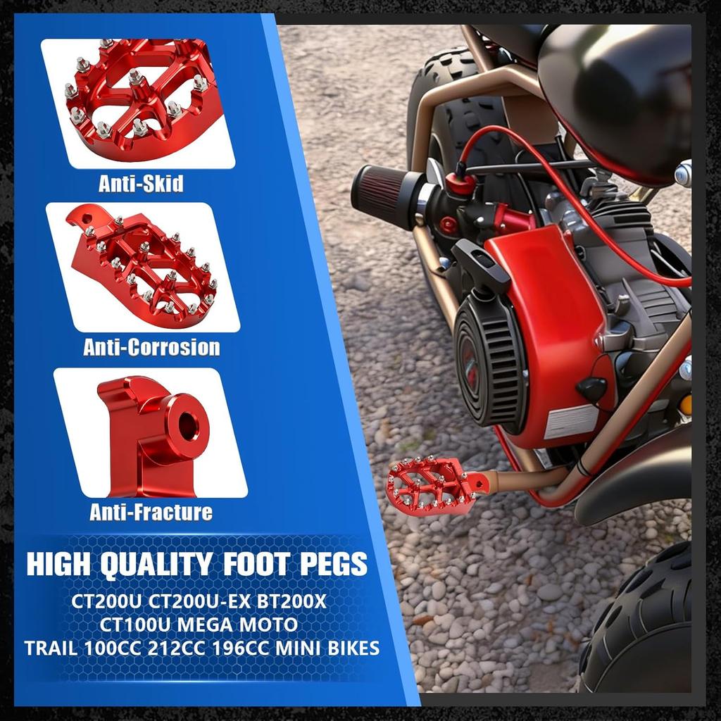 Mini Bike Foot Pegs CNC for CT200U CT200U-EX BT200X CT100U Mega Moto Trail 100cc 212cc 196cc Red,Wider MX Style Footpegs Foot Rest