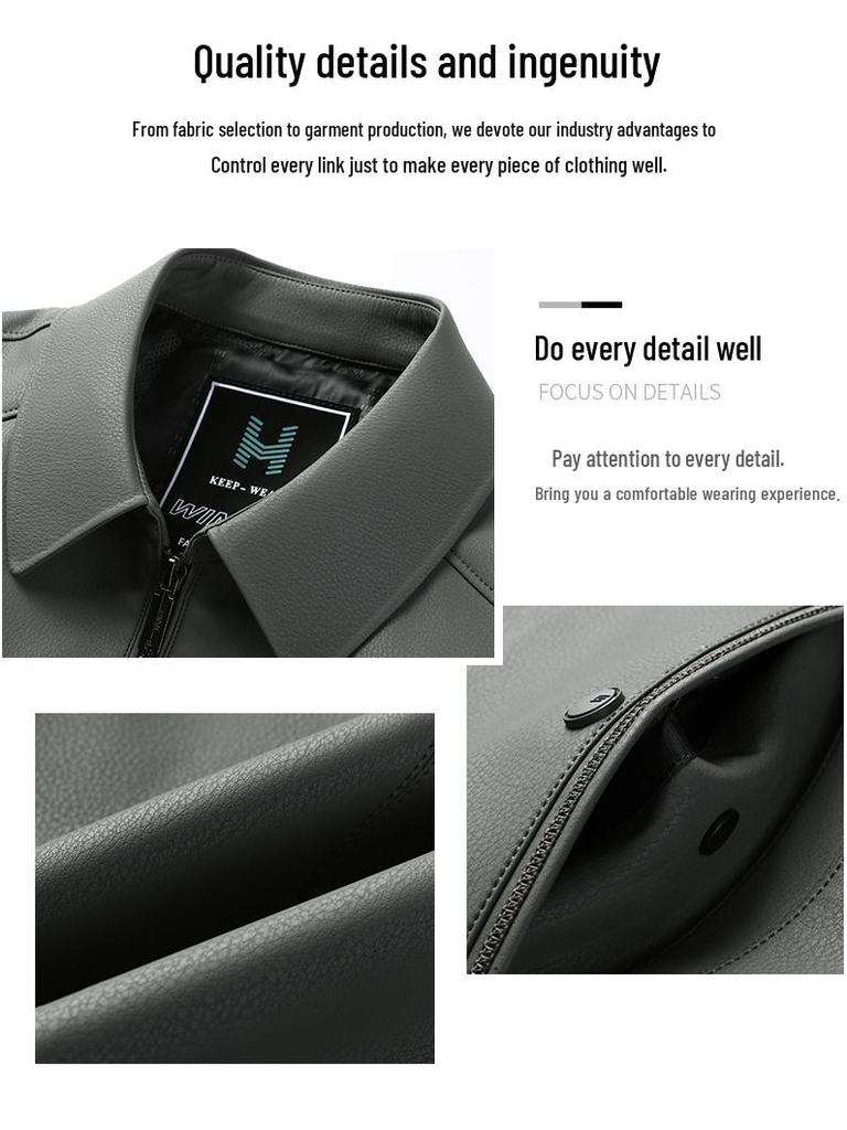 Pánská kožená bunda z ovčí kůže s límečkem pro střední věk - Neformální motorkářské svrchní oblečení ve stylu "táta" s podšívkou z plyše