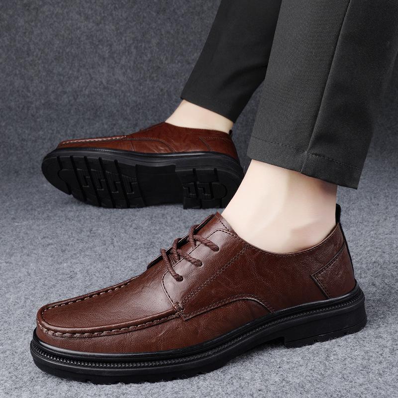 Men's Casual Leather Work Shoes - Low-Top, Height-Increasing, Handmade Cowhide, British Style