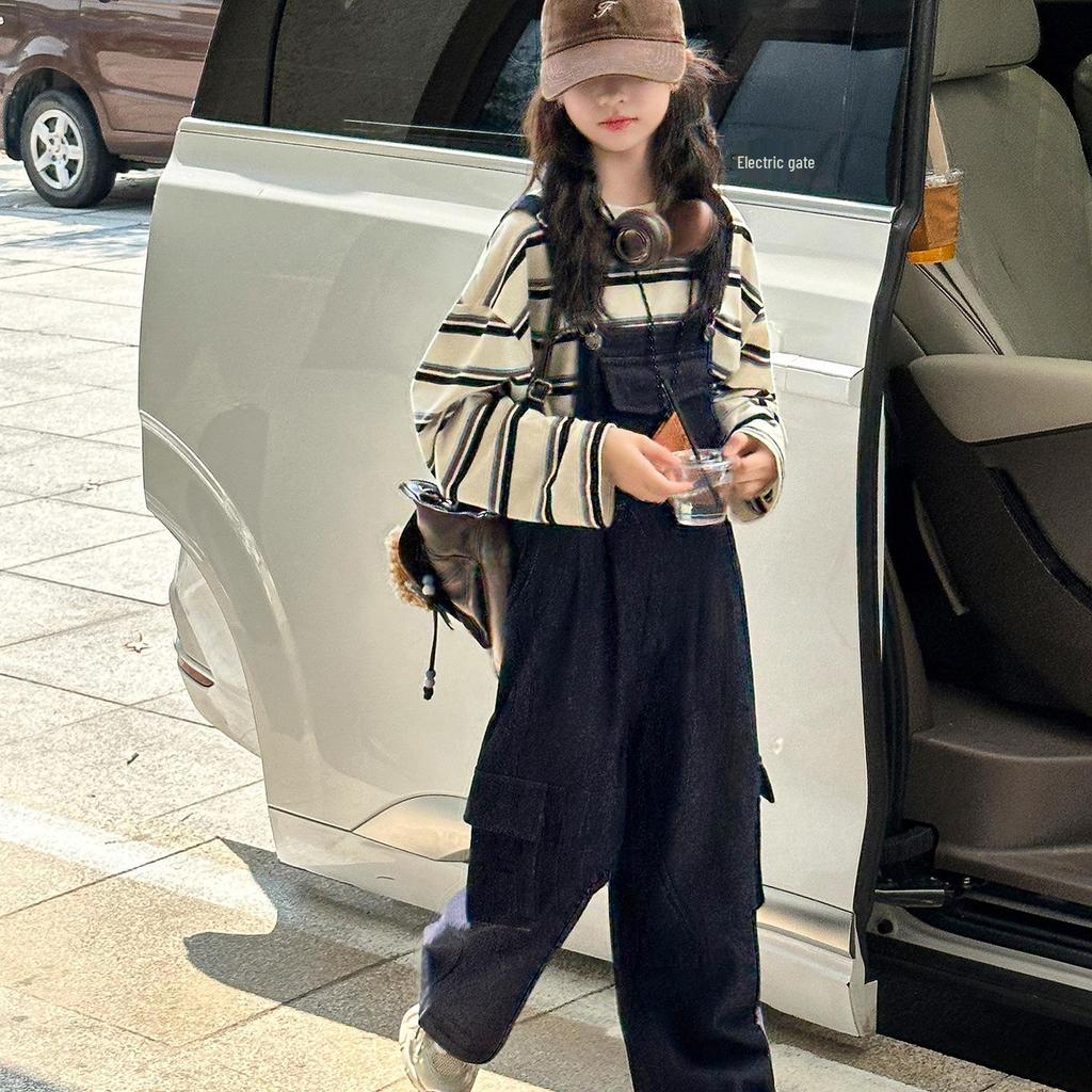 Girls' Striped T-shirt & Denim Overalls Set - Korean Style Fashion for Spring & Autumn