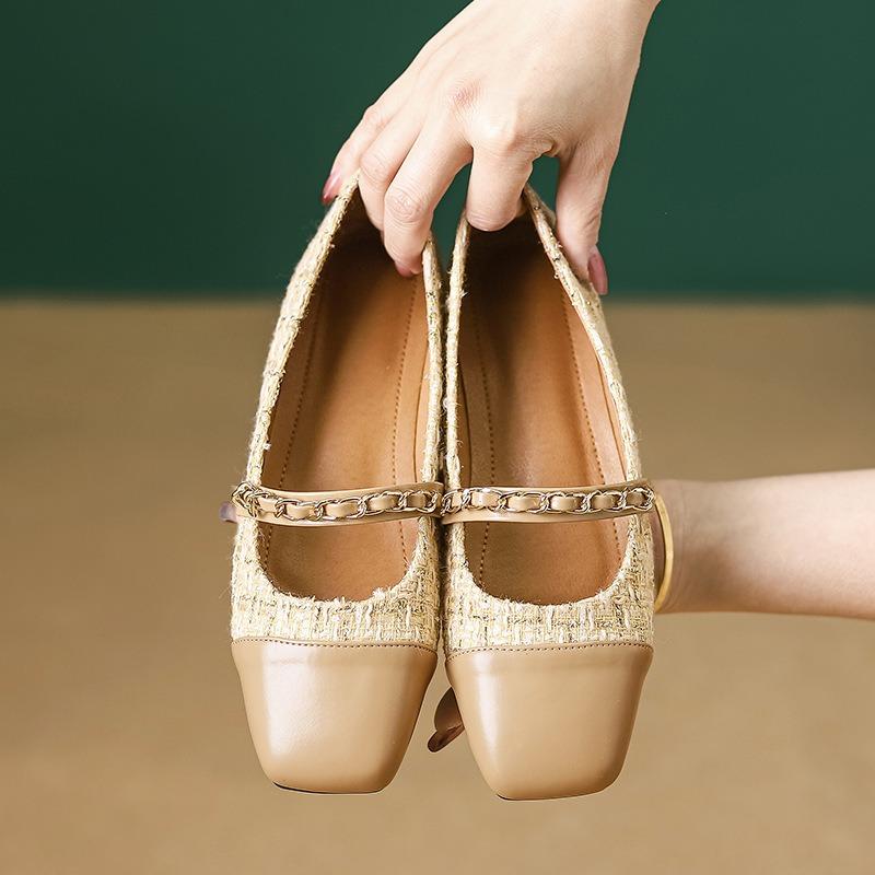 

Women Mary Jane Shoes Elegant Tweed Chain Straps Flats French Square Toe Pumps Daily Soft Sole Slip-on Thin Shoes Casual Loafers 43 темного кольору хакі
