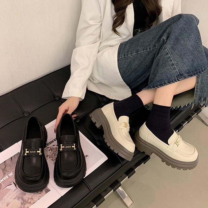 Platform loafers women's 2025 new soft-soled beanie shoes women's shoes small leather shoes women's muffin single shoes black shoes