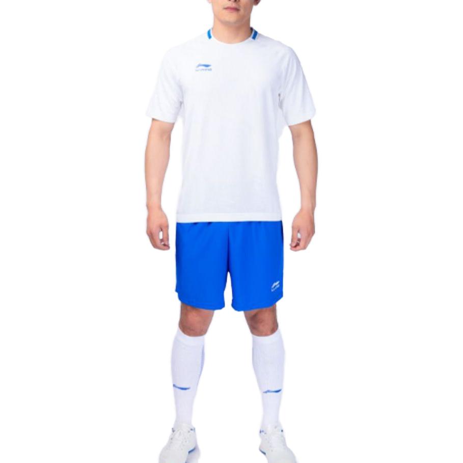 Li Ning Logo Print Round Neck Short Sleeve Straight Leg Shorts Football Suit Set Men Suit Standard-White Sky-Blue AATS037-1