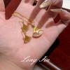 Italian Brushed Small Skirt Necklace Female Fan Shape Gradual Change Pink Diamond Stud Earrings Pendant Set Real Gold Plating