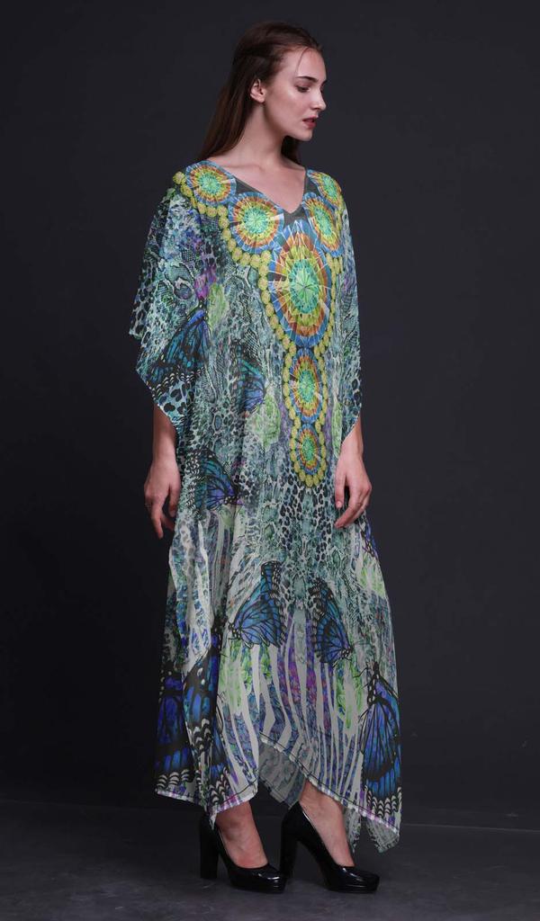 Phagun Butterflies & Leopard Animal Skin Beach Kaftan Bikini Cover Up Womena    S Maxi Dress Long