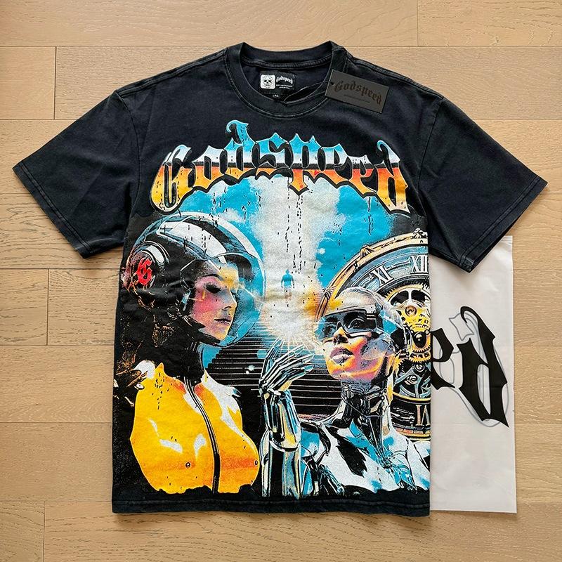 Godspeed retro printing foreign trade beauty tide high street men and women casual trend hip hop apricot old short sleeve T-shirt