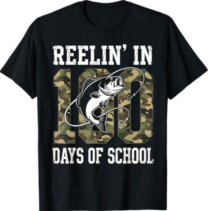 Reelin in 100 Days of School Bass Camo Fishing Lover T-Shirt S