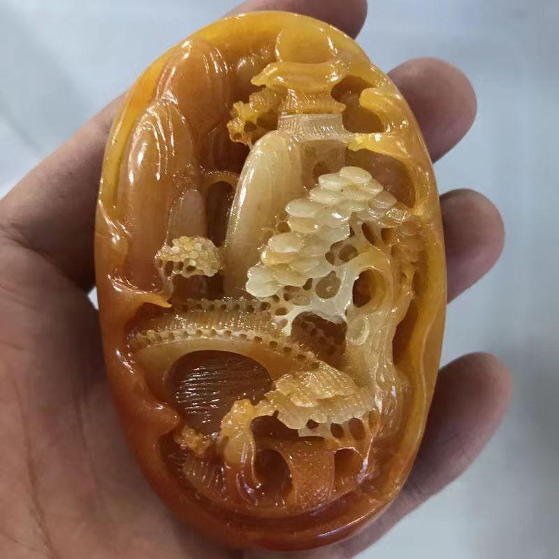 Pandantiv antic chinezesc din jad Huanglong sculptat, etichetă de talie