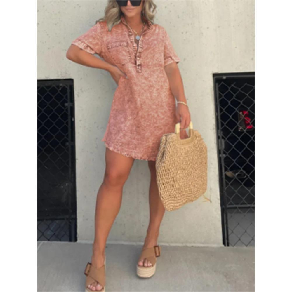 Damen Spitzkragen Kurzarm Mini Hemdkleid Lockerer Schnitt Ohne Taille Streetwear Einfarbig Ausgefranster Saum Gewaschenes Jeanskleid Sommer Lässig Jeanshemdkleid