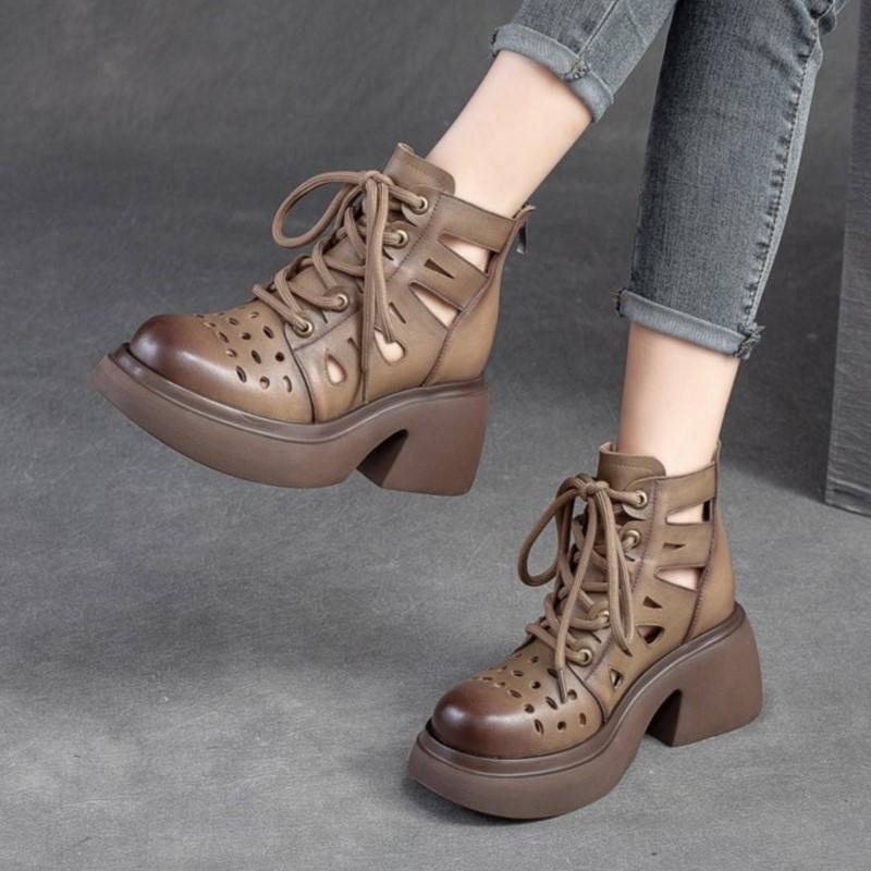 Johnature Retro Genuine Leather Thick Sole Lace-up Roman Sandals 2023 Summer New Round Toe Hollowed Out Thick Heeled Women Shoes