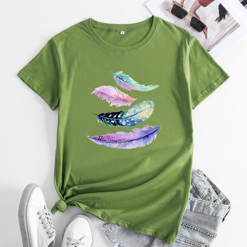 Summer Round Neck Colorful Feather Print Top Fashionable Casual Cute Short Sleeved Women's Pure Cotton T-shirts