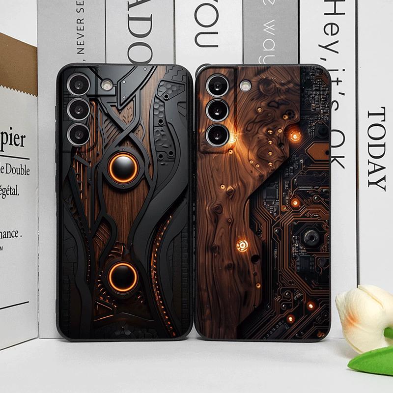 Künstlerische Mechanische Holztextur Muster Handyhülle für Samsung Galaxy S25 S24 S23 Ultra S22 Plus S21 FE A55 5G Weiche Silikonhüllen