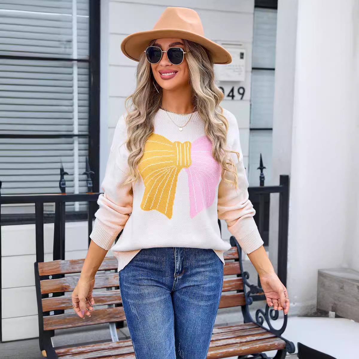 

Женский осенне-зимний свитер с цветными блоками и галстуком-бабочкой XL абрикосовый