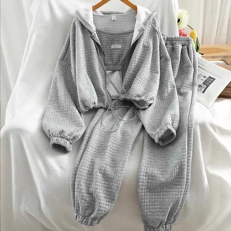2025 Trendy Women's Plus Size Three-Piece Casual Set: Autumn/Winter Hooded Cardigan with Zipper