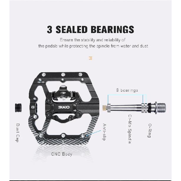 CXWXC CX-150 Bicycle Pedal Dual Function Platform Flat/Clipless Mountain Bike Pedal SPD Cleats 3 Sealed Bearings Road Bike BMX