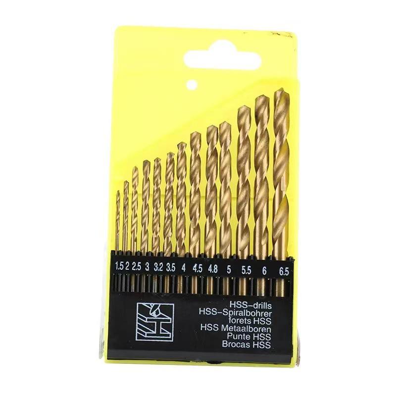 Zestaw 13 wierteł ze stali szybkotnącej pokrytej tytanem do drewna i plastiku, wkrętarki elektrycznej i dziurkacza.