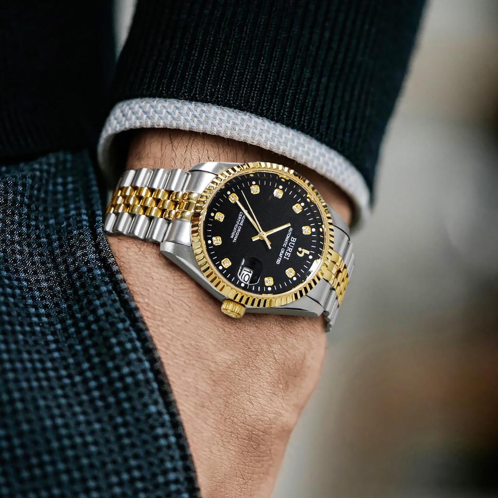 [BUREI] Men's Watch, Automatic, Waterproof, Stylish, Analog, Gentleman, Date, Mechanical, Popular, Men's, Branded, Simple, Casual, Gold, Black,
