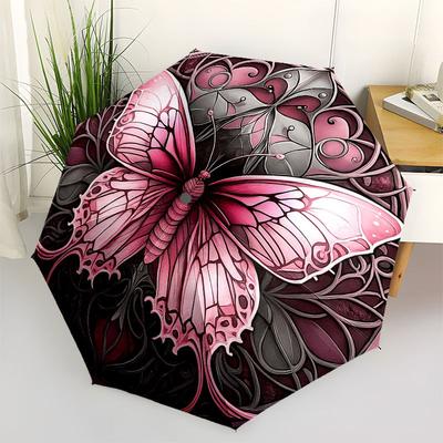 Stunning Pink Butterfly Stained Cute Wall Art Umbrella, Cute Umbrella with Cute Design, Portable 3-Fold Compact Umbrella for Men & Women, Valentine's