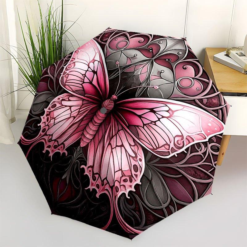 Stunning Pink Butterfly Stained Cute Wall Art Umbrella, Cute Umbrella with Cute Design, Portable 3-Fold Compact Umbrella for Men & Women, Valentine's