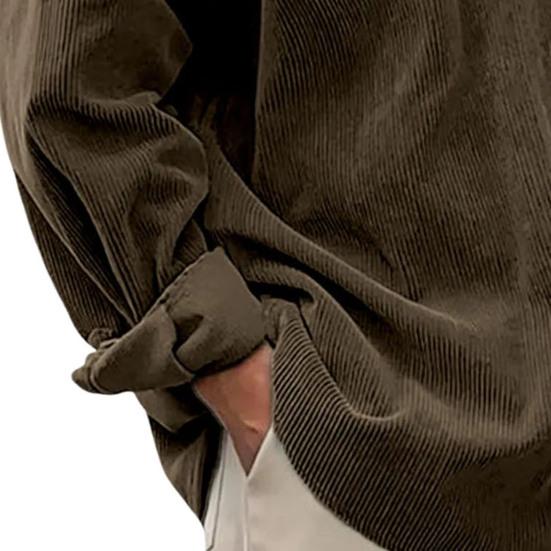 Camicia da uomo con bavero a maniche lunghe monopetto, colore solido, vestibilità larga, texture a coste, camicia casual capospalla per uso quotidiano