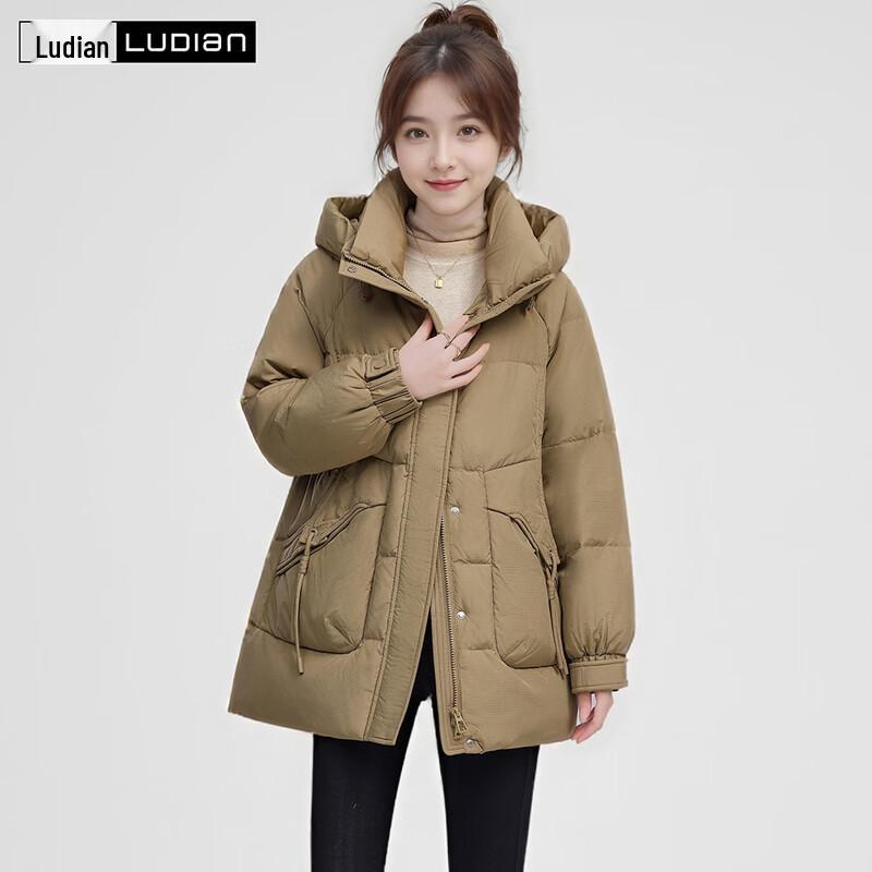 LUDIan Women s Mid-Length Hooded Duck Down Jacket L