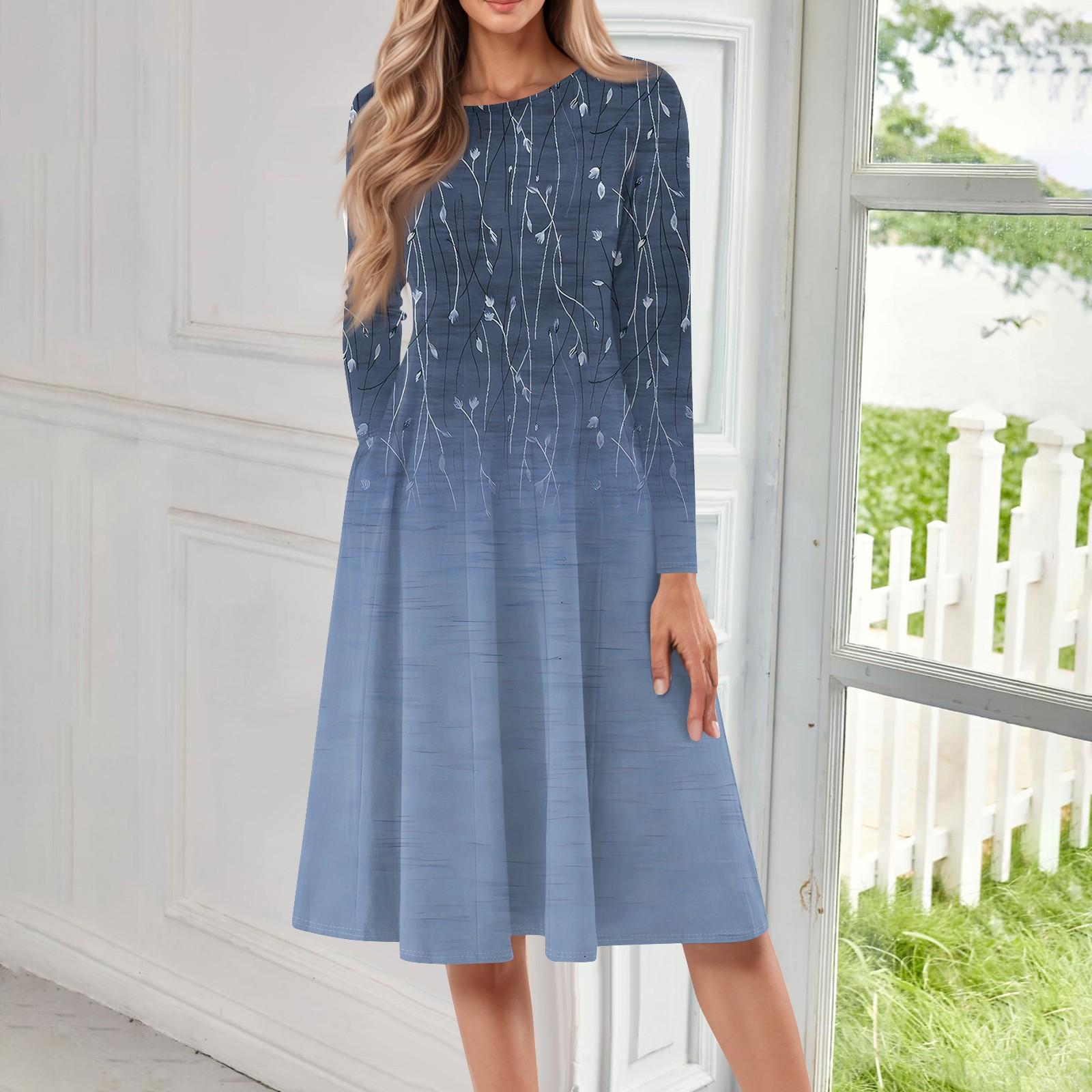 

Женское повседневное модное платье миди с круглым вырезом и длинными рукавами XXXL синий