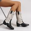 Embroidered Western Cowboy Split Color Pointed Toe Thick Heel Women's Boots Autumn Winter New Style Mid-Calf Knight Boots