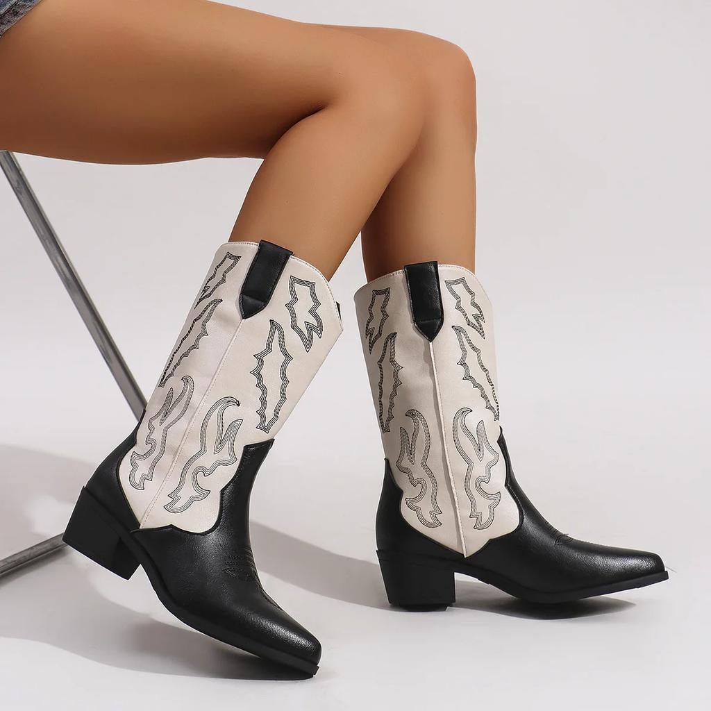 Embroidered Western Cowboy Split Color Pointed Toe Thick Heel Women's Boots Autumn Winter New Style Mid-Calf Knight Boots
