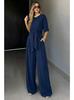 New Summer/Fall Collection Solid-Color Round-Neck Short-Sleeve Loose-Fit Wide-Leg Pants Slimming Tie-Waist Set